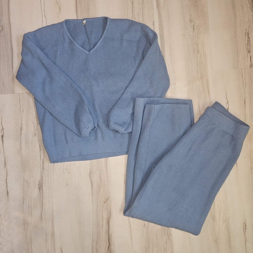Amazon Light Blue Women's Cozy Ribbed Knit 2-Piece Loungewear Set Medium
